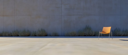 A solitary orange chair stands on a smooth concrete surface near sparse desert vegetation and a plain wall under bright midday sunlight emphasizing simplicity and tranquility.の素材