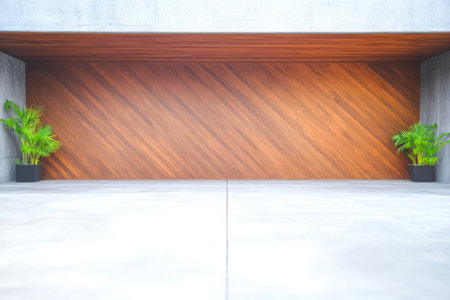 A spacious garage features a striking wooden wall with diagonal patterns complemented by two potted plants. The clean concrete floor enhances the modern and minimalistic atmosphere.の素材
