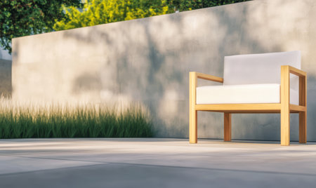 A wooden chair with a soft cushion sits invitingly on a smooth patio surrounded by lush grass and greenery. Bright daylight enhances the tranquil atmosphere.の素材