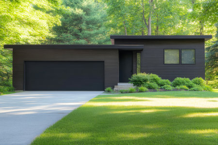 Contemporary house features a striking black exterior with clean lines. Set in a lush green landscape the tranquil atmosphere enhances its modern architecture and nearby trees.の素材