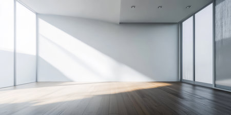 A spacious room with bright sunlight streaming through large windows highlighting the wooden floor. The walls are bare creating a minimalist feel. Afternoon light adds warmth to the space.の素材