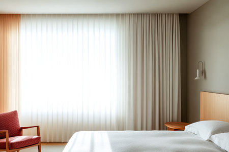 A spacious bedroom features large windows allowing sunlight to fill the room. Simple decor includes a bed with a white coverlet a wooden headboard and a cozy armchair in the corner.の素材