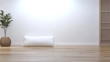 A spacious minimalist room features a large white cushion on the wooden floor beside a stylish woven basket with a plant. The walls are bright and the atmosphere is calming.の素材