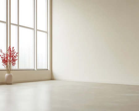 Bright and airy room showcasing large windows that allow natural light. A simple vase with red flowers adds a touch of color to the minimalist decor creating a serene atmosphere.の素材