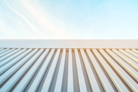 Horizontal lines of a white structure stretch across the frame contrasting against the clear blue sky. The sunlight softly illuminates the scene enhancing the clean design and tranquil atmosphere.の素材