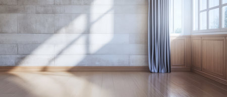 Natural sunlight filters through a large window casting shadows on the hardwood floor. The room features a serene minimalist design with light-colored walls and elegant curtains.の素材