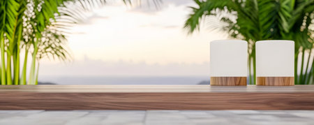Two stylish candle holders sit on a wooden table surrounded by lush palm trees overlooking a serene ocean landscape at sunset. The atmosphere is peaceful and inviting.の素材
