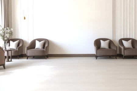 A stylish lounge area features two modern armchairs with cushions a small table and decorative flowers. The soft lighting enhances the minimalist ambiance of the space.の素材