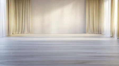 A bright airy room features large windows draped with light-colored curtains.の素材