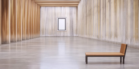 A spacious minimalist interior features smooth concrete flooring and tall wooden walls. A single wooden bench is positioned at one end facing a blank frame on the wall.の素材