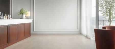 A spacious lounge area featuring a bar counter and a cozy seating arrangement. Large windows allow natural light to flood in creating a warm and inviting atmosphere.の素材