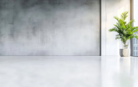 Bright and spacious area featuring a minimalist design with a large gray wall and a lush green plant positioned near the window allowing natural light to flow in.の素材