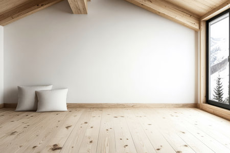 A spacious room showcases a minimalist design with wooden beams and light wooden flooring. Soft pillows rest against the wall near a large window revealing a snowy landscape outside.の素材