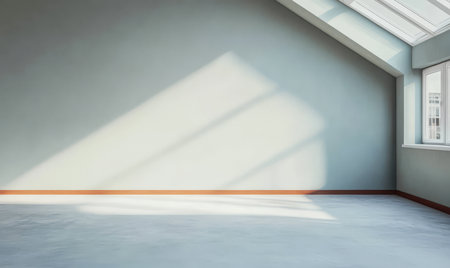 Natural light floods an empty room featuring large windows. Soft shadows from the sunlight fall across the floor. The walls are a subtle color enhancing the spacious feel of the area.の素材