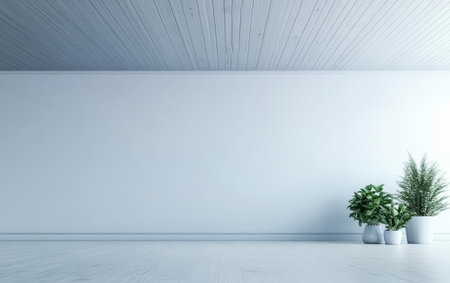 A spacious room showcases a bright uncluttered atmosphere with light wooden flooring and a pale ceiling. Two ornamental plants in white pots add a touch of greenery to the inviting environment.の素材