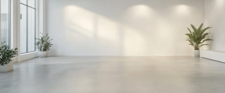 Bright airy room features large windows letting in sunlight creating a warm atmosphere. Potted plants enhance the minimalist design adding a touch of nature to the space.の素材