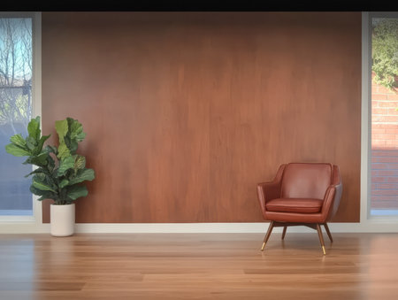 A warm-toned room showcases a stylish leather chair beside a tall leafy potted plant. Natural light pours in through large windows enhancing the inviting atmosphere of this modern setting.の素材