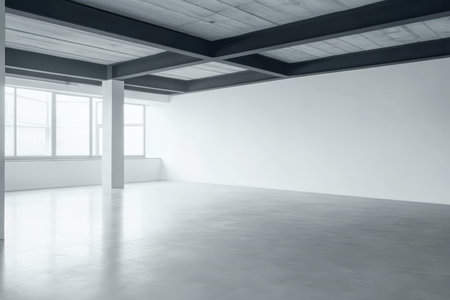 A spacious empty room featuring sleek concrete floors and large windows that allow natural light to fill the space. The minimalist design enhances the airy atmosphere.の素材