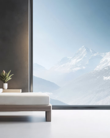 A serene bedroom features a minimalist bed and a potted plant overlooking a stunning mountain landscape under clear skies. The setting creates a tranquil ambiance ideal for relaxation.の素材