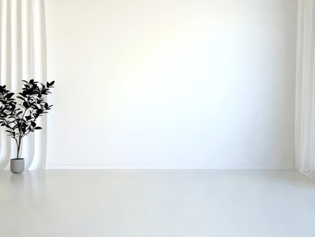 A spacious room with white walls and floor features a single black plant in a pot. Sheer curtains let in natural light enhancing the serene and minimalist atmosphere.の素材