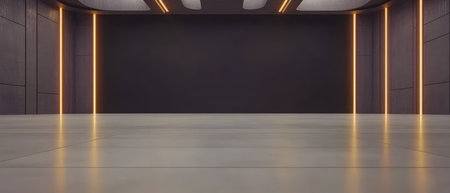A spacious indoor area features a sleek floor and walls with glowing orange lights. The minimalist design sets the stage for an event performance or exhibition creating an inviting atmosphere.の素材