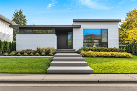 This property showcases a contemporary home featuring a sleek facade with large windows. The well-manicured lawn and diverse plants enhance the overall aesthetic.の素材