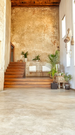 A bright spacious area features wooden stairs leading to an upper level. Rustic walls complement the greenery and furniture creating a serene atmosphere that invites relaxation and creativity.の素材