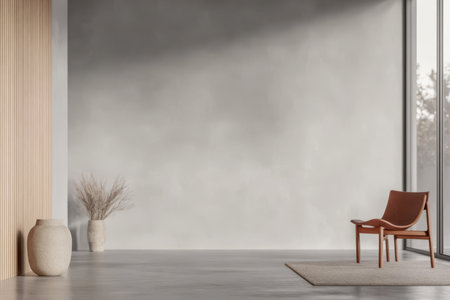 Spacious room showcasing a modern chair decorative vase and textured wall. Natural light filters through large windows creating a serene atmosphere perfect for relaxation or inspiration.の素材