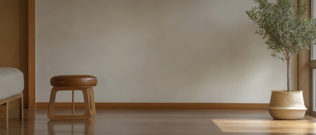 Bright and airy space showcasing a wooden stool beside a potted plant. Natural light illuminates the warm wooden floor enhancing the peaceful atmosphere in the room.の素材