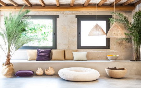 This contemporary room features a comfortable seating area adorned with cushions large windows inviting natural light and decorative plants creating a calming atmosphere.の素材
