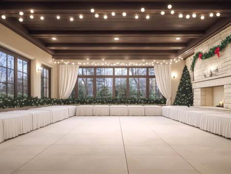 This indoor venue features a spacious layout adorned with soft white drapes twinkling lights and seasonal decorations. A festive atmosphere is created for an upcoming holiday event.の素材