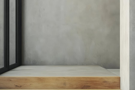 A minimalist interior features a smooth wooden edge contrasting with a gray concrete wall. The clean lines and simple design create a serene atmosphere perfect for contemporary living.の素材