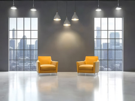 Two vibrant yellow chairs are positioned in a contemporary interior with large windows showcasing a scenic city skyline. Soft lighting adds warmth to the space.の素材