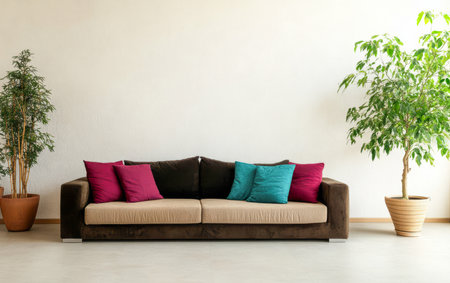 A stylish living room features a contemporary sofa with colorful cushions in shades of pink and blue.の素材