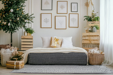 A cozy bedroom features a neatly made bed with white and gray bedding. Surrounding it are Christmas decorations a tree and carefully wrapped gifts creating a warm holiday atmosphere.の素材