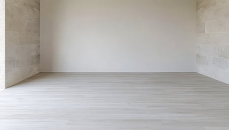 A spacious empty room featuring a light-colored wooden floor and smooth neutral walls. The natural light enhances the airy feel making it ideal for various uses or decoration.の素材