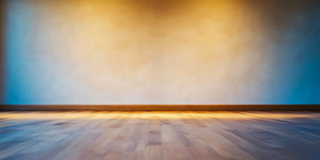 Soft warm lighting illuminates a textured wall and wooden floor in a cozy interior room. The atmosphere creates an inviting tranquil setting perfect for relaxation or creativity.の素材