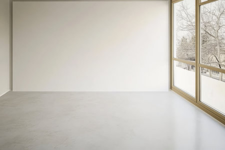 A spacious empty room features large windows allowing natural light to flood in. The view reveals a winter landscape with bare trees creating a serene atmosphere in the daylight.の素材