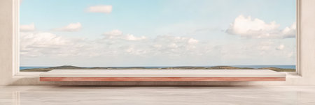 Bright and airy indoor space features a large open window showcasing a picturesque view of the rolling hills and a sky filled with fluffy clouds.の素材