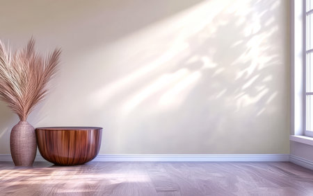 A stylish interior showcases a wooden bowl and pampas grass in an elegant vase. Soft sunlight filters through the window highlighting the minimalistic decor and warm wooden floor.の素材