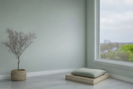 A peaceful indoor area features a soft cushion on a wooden platform and a minimalist tree in a pot. The large window allows natural light and a view of green trees outside.の素材