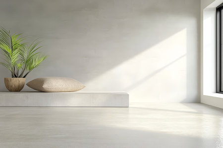 A serene indoor setting featuring a simple bench a decorative pillow and a potted plant. Sunlight streams in through a large window enhancing the minimalist style.の素材