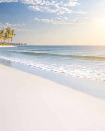 Tranquil beach setting during sunset features soft sand gentle waves lapping at the shore and palm trees swaying in the warm breeze creating a peaceful atmosphere of relaxation.の素材