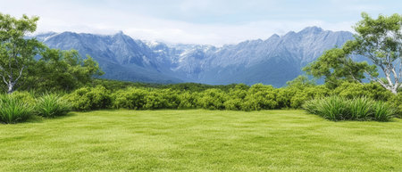 Expansive green field stretches across the foreground bordered by trees and shrubbery with towering mountains rising in the distance under a clear blue sky.の素材