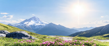 Bright sunlight illuminates a stunning landscape featuring a snow-capped mountain in the background. Vibrant pink flowers bloom in the foreground adding color to the serene scene.の素材