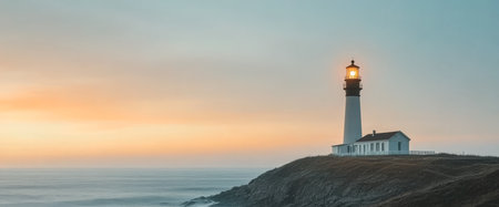 Morning light bathes the lighthouse in warm tones as it stands on a rocky cliff overlooking the ocean. Waves gently crash below creating a peaceful coastal atmosphere.の素材