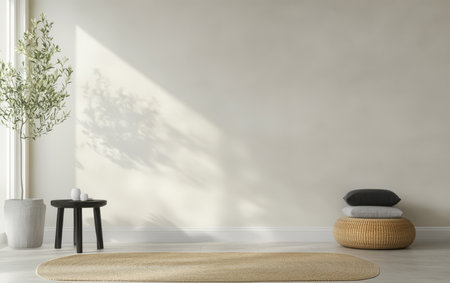 A serene indoor setting showcases a simple design featuring a round rug a low table with decorative items and a cozy pouf arrangement.の素材