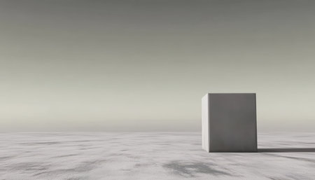 A large gray cube is positioned on a flat surface that appears smooth and endless. The background features soft hues suggesting dusk with muted colors reflecting the tranquil atmosphere.の素材