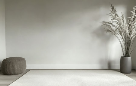 A tranquil living space showcases a soft area rug a round textured pouf and a stylish vase filled with pampas grass. The calm colors enhance the relaxing atmosphere.の素材
