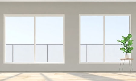 Spacious room with two large windows allowing natural light to flood in. A small potted plant sits on a metal stand adding a touch of greenery to the minimalist decor.の素材